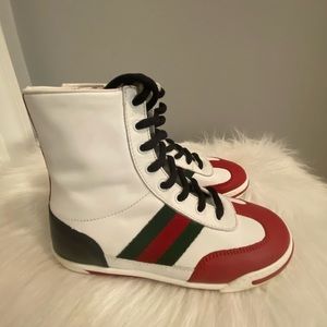 Gucci Kids Leather Hightop Web Flag Sneaker Size 28